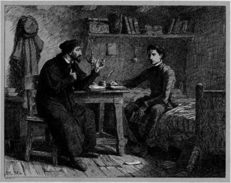 John Calvin sitting in a chair speaking to Pierre Robert Olivétan, who is sitting on a bed.