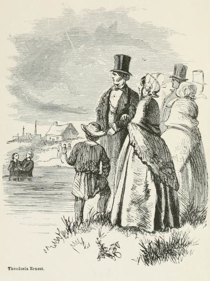 Group of people in 1850s observing a baptism of an adult.