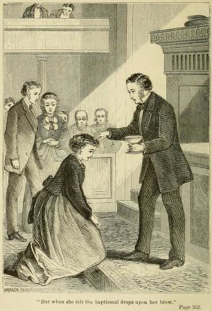 Young woman being sprinkled by a minister in a church.